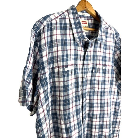 Levi’s Linen Button Down Cotton Plaid Red White Blue Short Sleeve Size XXL - Picture 4 of 6